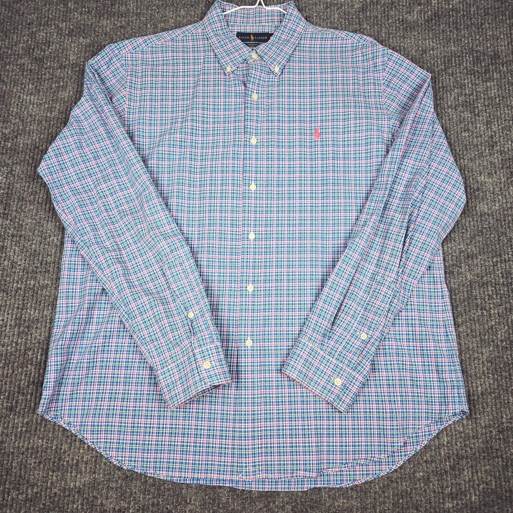 Ralph Lauren Mens‎ XL Custom Fit Plaid Button Down Shirt Blue Green Pink Cotton
